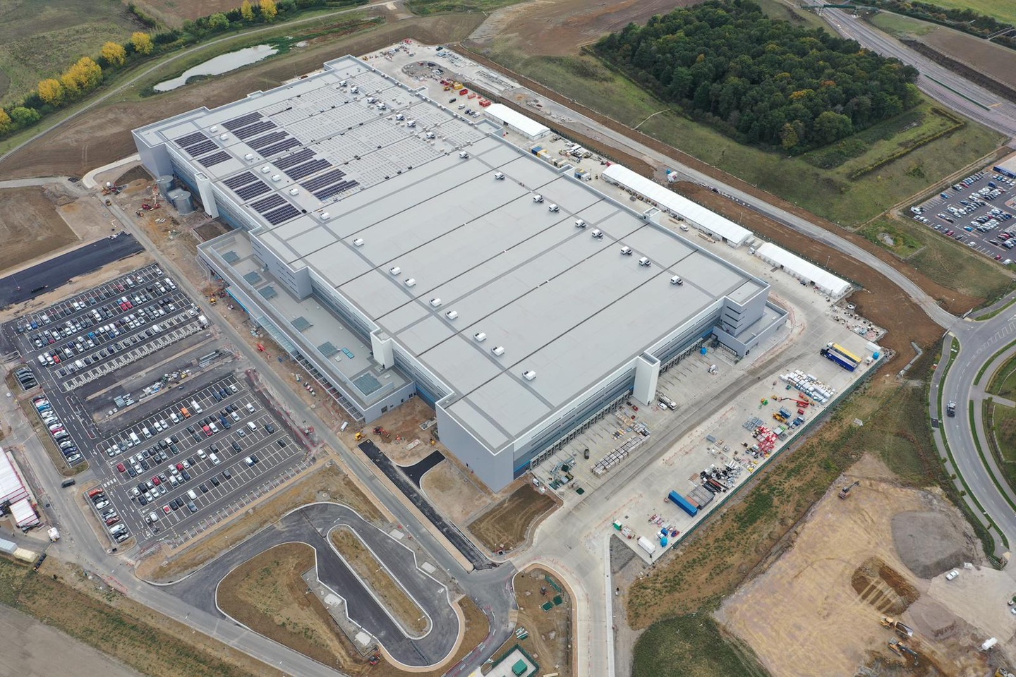 Aerial view of Amazon Northampton fulfilment centre with rooftop solar